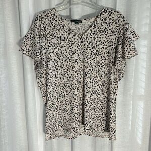 Adrianna Papell Cream Top with Black Floral Print and Ruffle Sleeves